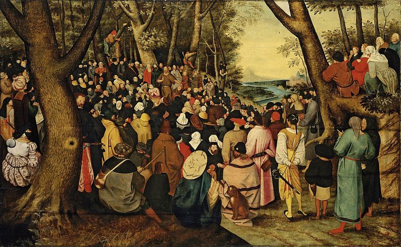 De prediking van Johannes de Doper, schilderij door Pieter Breughel de Oude (1566). Breughel heeft hier waarschijnlijk een hagenpreek afgebeeld.